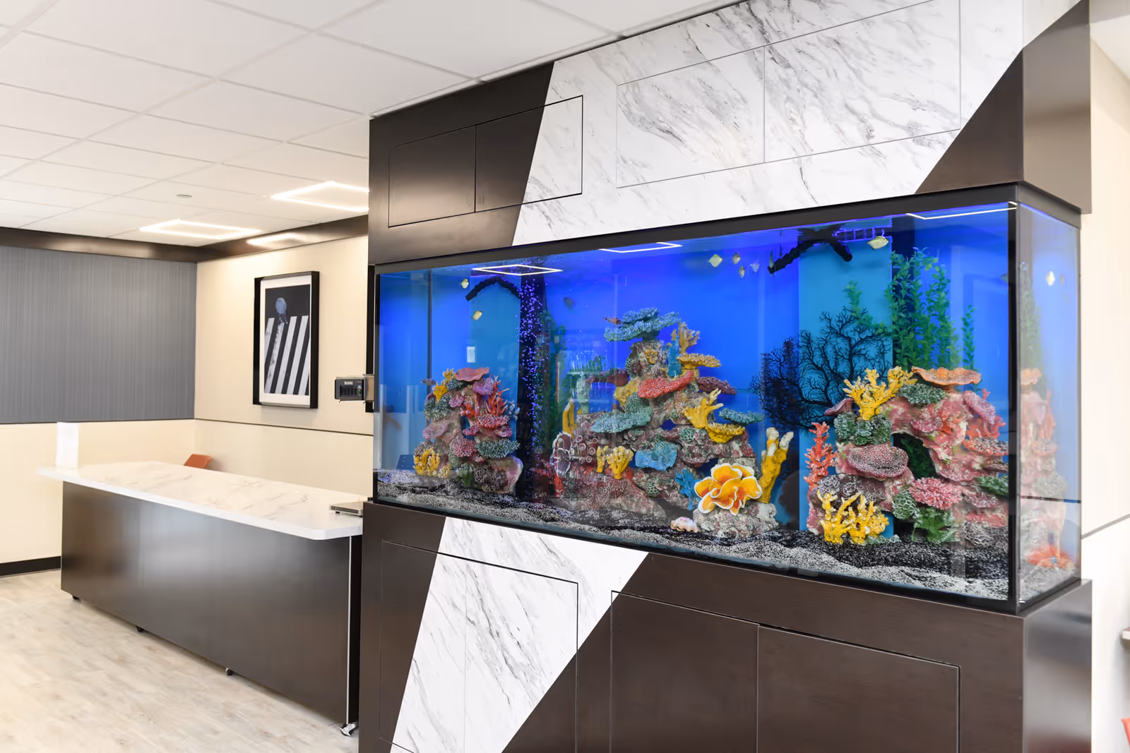 Interior view of a reception area in The Enclave at Rye Rehabilitation and Nursing Center featuring a large built-in aquarium with colorful coral decorations. The reception desk has a white marble countertop and dark wood base, with a framed black and white artwork on the wall behind it.