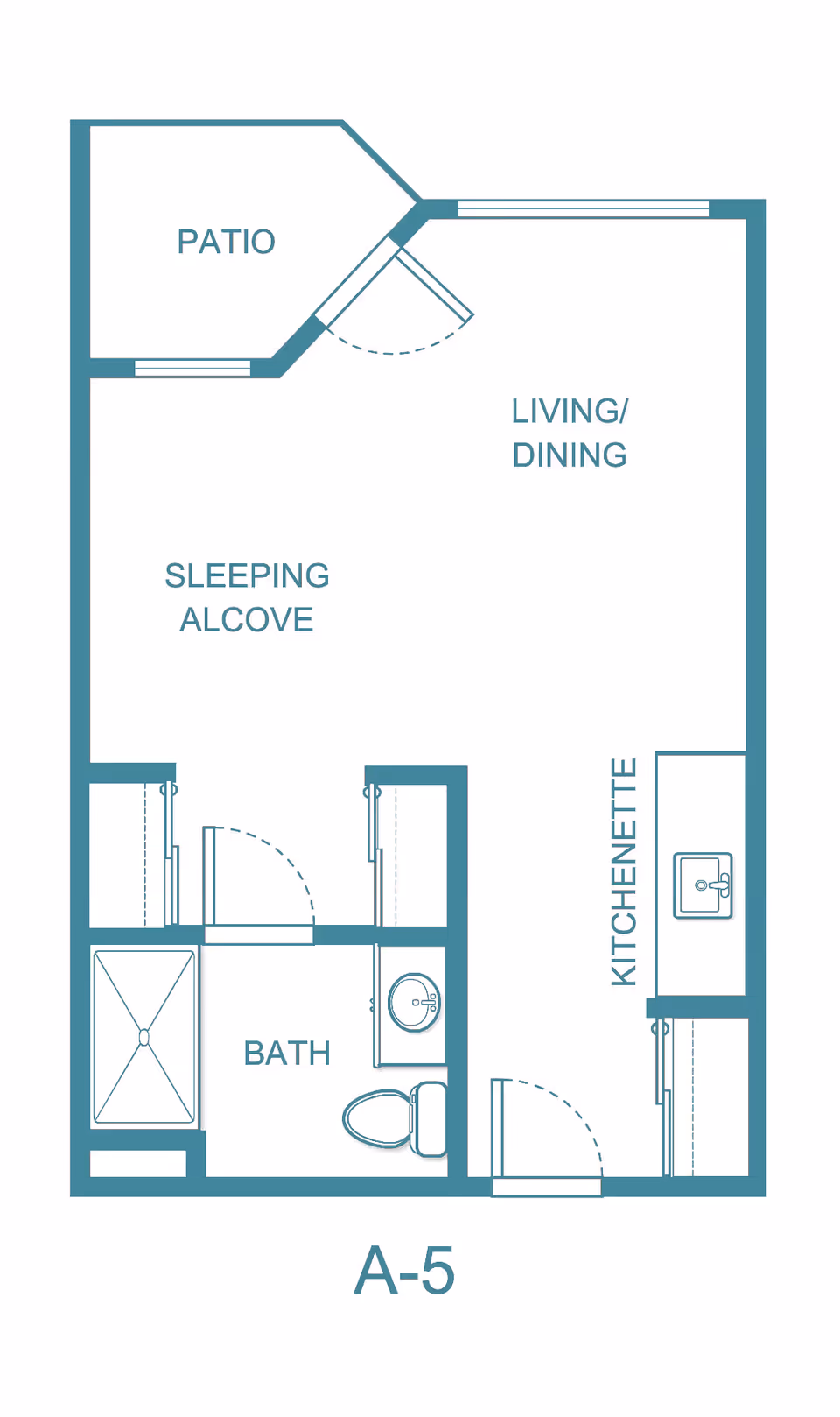 Floor plan layout of a studio apartment labeled A-5 at The Fairmont by Barclay House, featuring a patio, living/dining area, sleeping alcove, kitchenette, and bathroom.