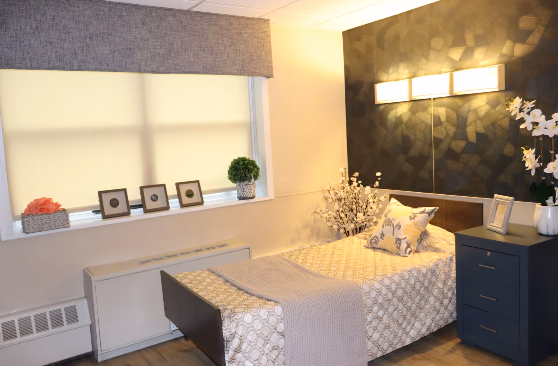 A bright, neatly arranged single bedroom with a bed, patterned bedding, nightstand, decorative pillows and plants beneath a covered window.