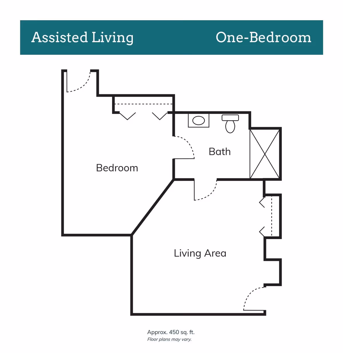 Floor plan of an assisted living one-bedroom unit showing a bedroom, bath, and living area with approximate size of 450 square feet.