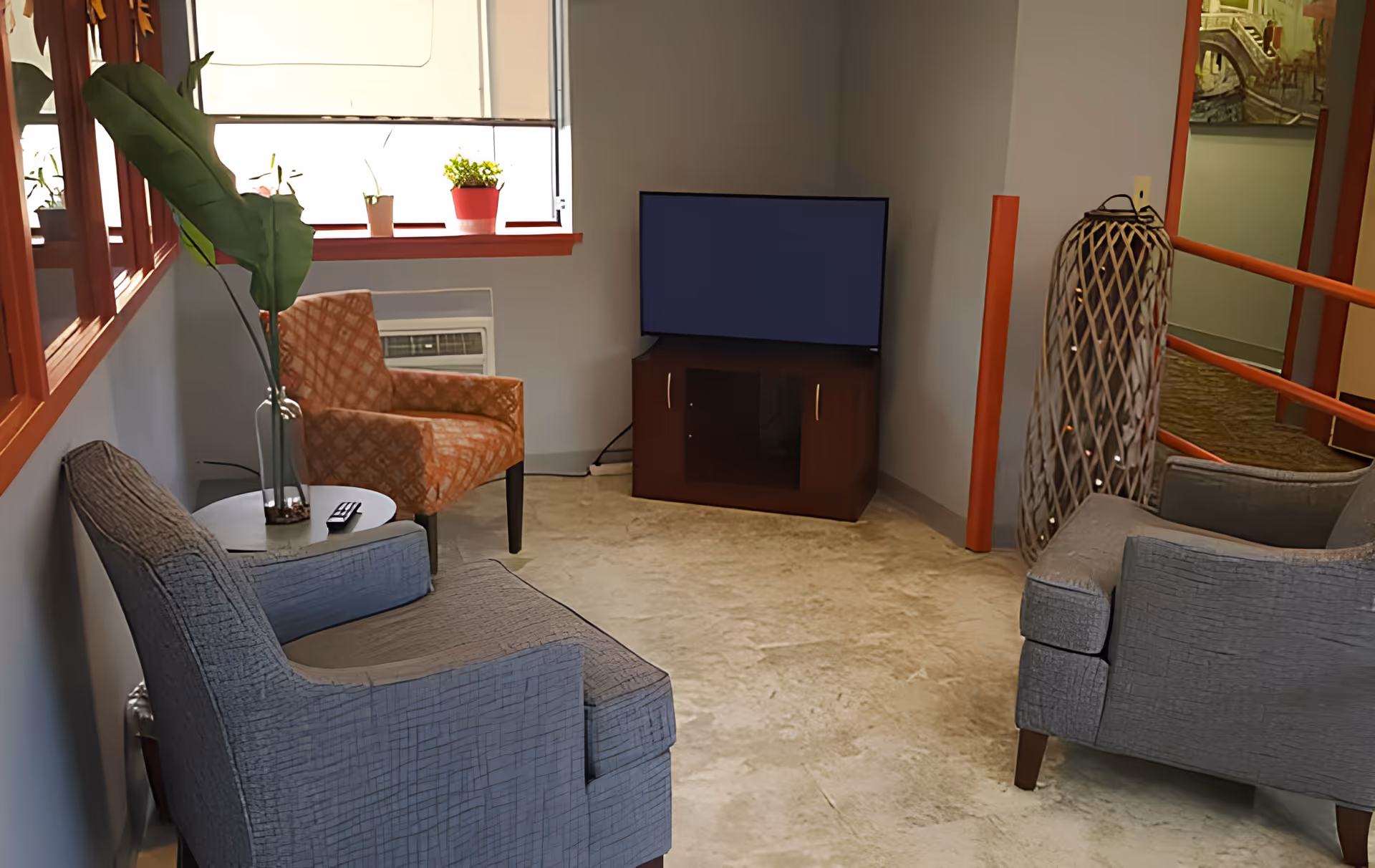 Small seating area with upholstered chairs facing a flat-screen TV, a window with potted plants, and decorative accents.