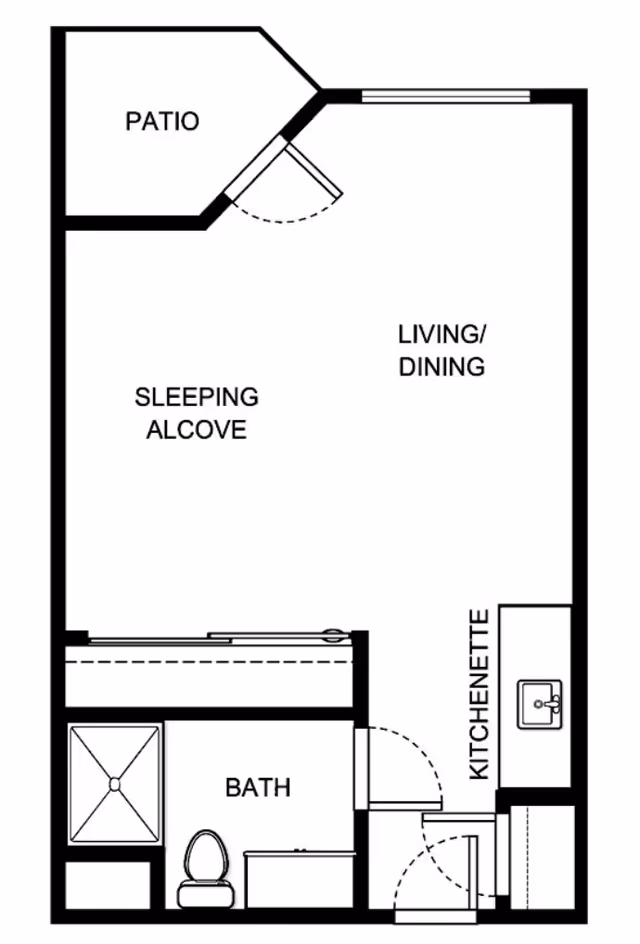 Black-and-white floor plan of a studio unit showing a patio, sleeping alcove, living/dining area, kitchenette, and bathroom.