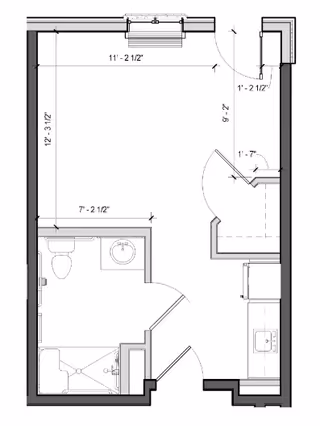 Architectural floor plan of a small apartment unit showing a combined living and kitchen area, a bathroom with a toilet, sink, and shower, and entry doors.