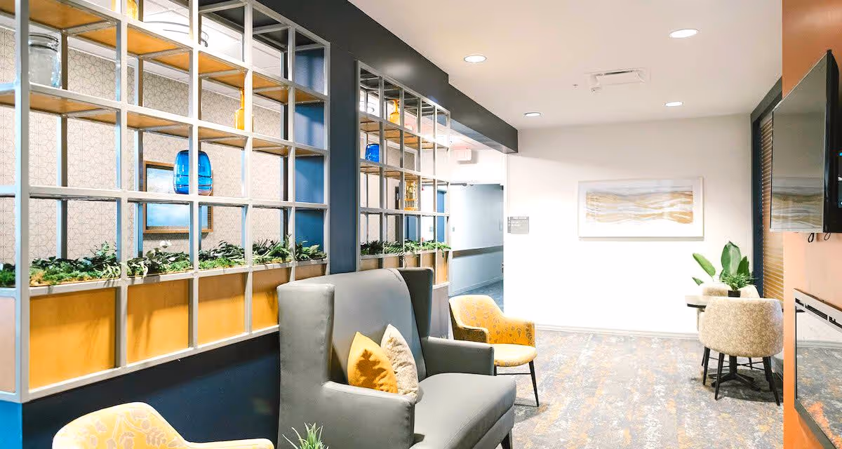 A bright and modern common area in a senior living facility featuring a gray high-back loveseat with two decorative pillows, a yellow patterned armchair, and a small table with two beige chairs. The space is divided by a decorative partition with shelves holding plants and colorful glass vases. A flat-screen TV is mounted on the wall, and a framed abstract artwork hangs on the far wall.