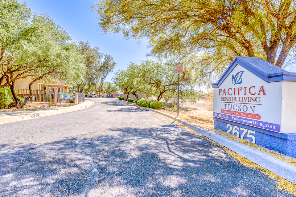Driveway entrance to Pacifica Senior Living Tucson with a large facility sign on the right and trees lining the road.