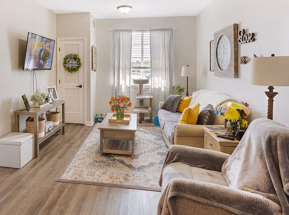 Bright, cozy living room with a sofa, armchair, coffee table, mounted TV, and decorative accents.
