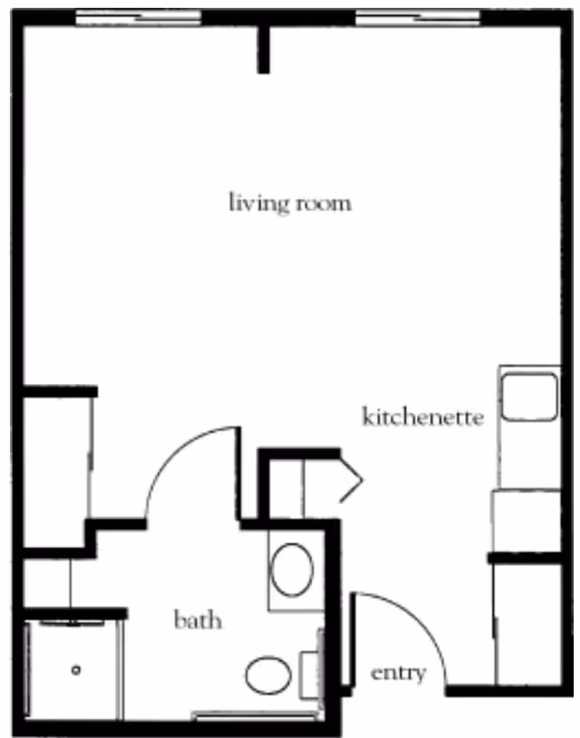 Black and white floor plan of a living space showing a living room, kitchenette, bath, and entry area. The bath includes a toilet, sink, and shower. The kitchenette is adjacent to the entry, and the living room occupies the largest area.