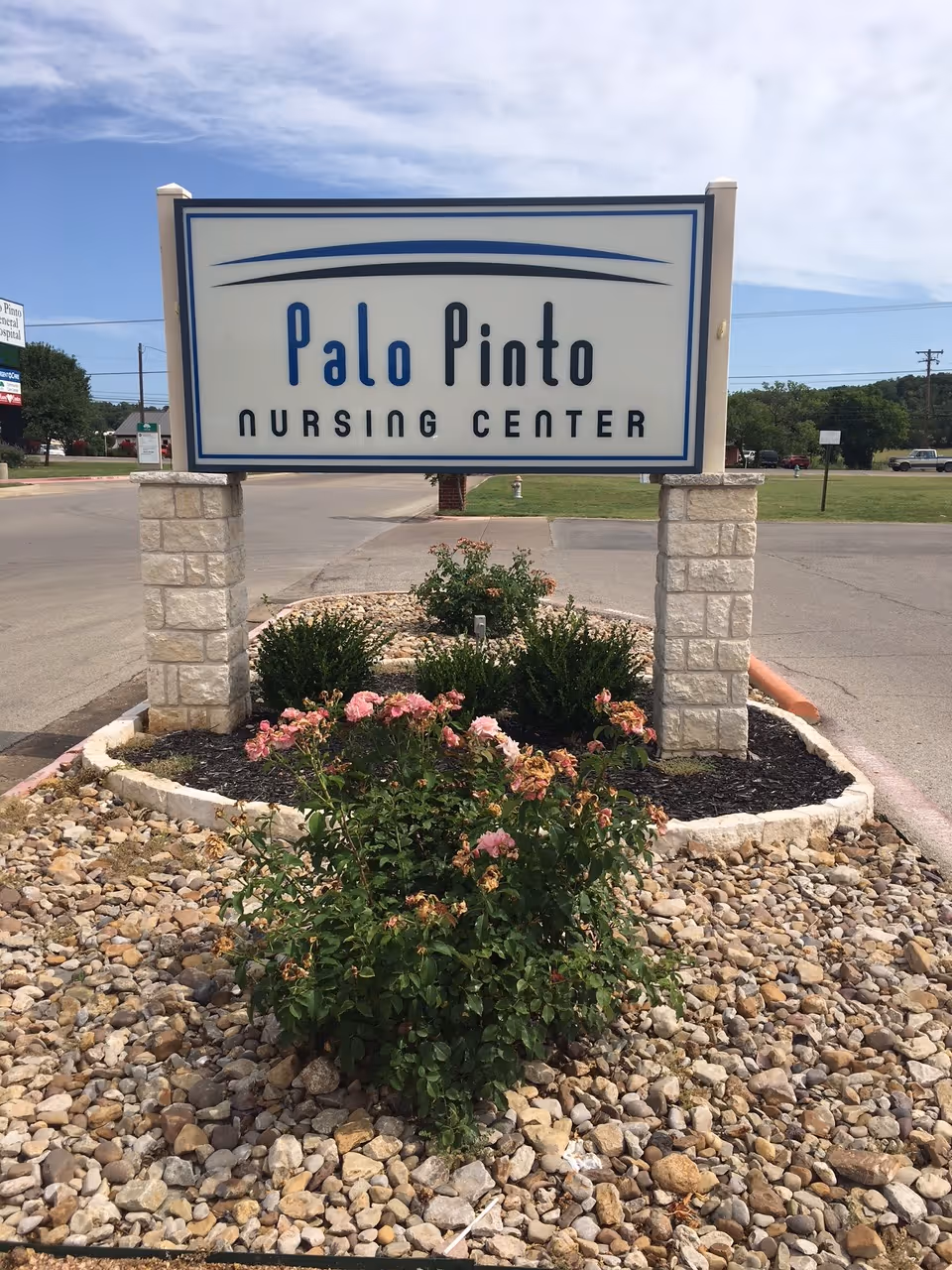 Outdoor view of a sign for Palo Pinto Nursing Center mounted on two stone pillars with a landscaped area of rocks and flowering bushes in front. The background shows a road, grassy area, and some trees under a partly cloudy sky.