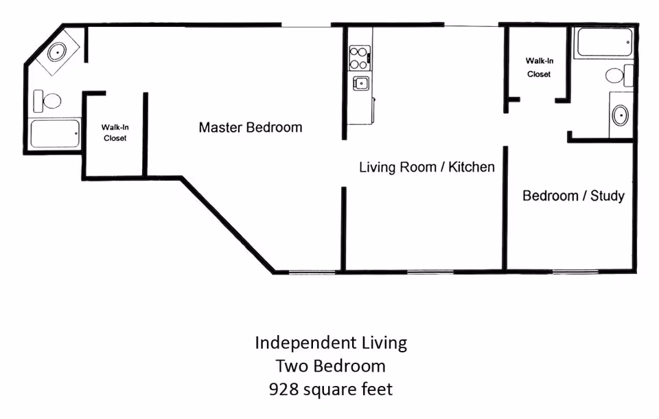 Floor plan of an independent living two-bedroom apartment with 928 square feet. The layout includes a master bedroom with a walk-in closet and bathroom, a living room combined with a kitchen, and a bedroom or study with a walk-in closet and bathroom.