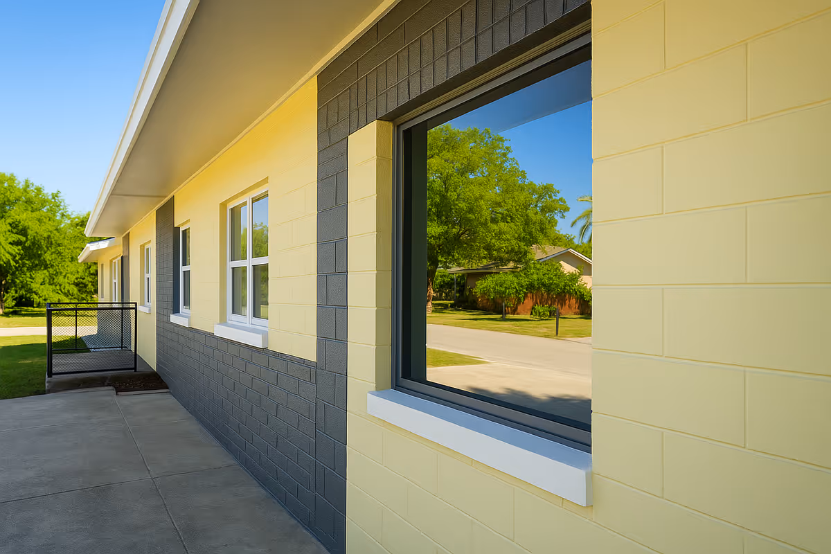 Exterior side of a single-story building with yellow and gray block walls, windows, and a concrete walkway reflecting nearby trees.