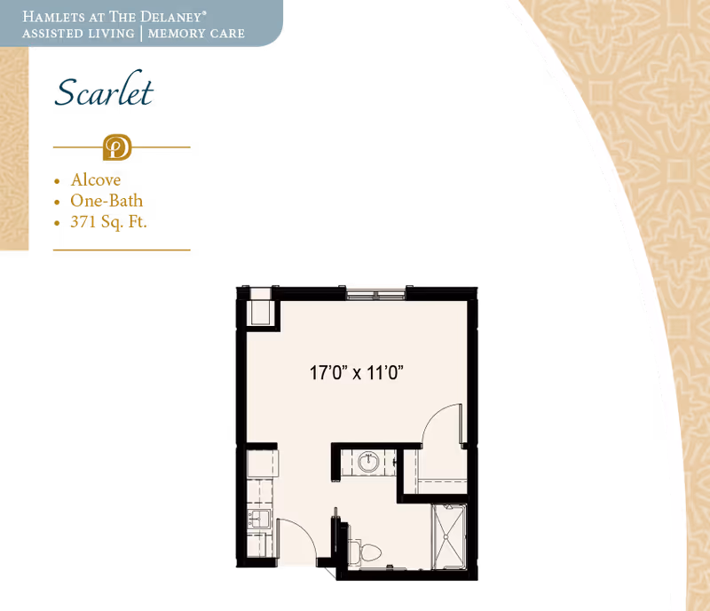 Floor plan for the Scarlet alcove apartment at Hamlets at The Delaney, featuring one bathroom and a total area of 371 square feet. The layout includes a main living area measuring 17 feet by 11 feet, a kitchen area, and a bathroom with a shower, toilet, and sink.