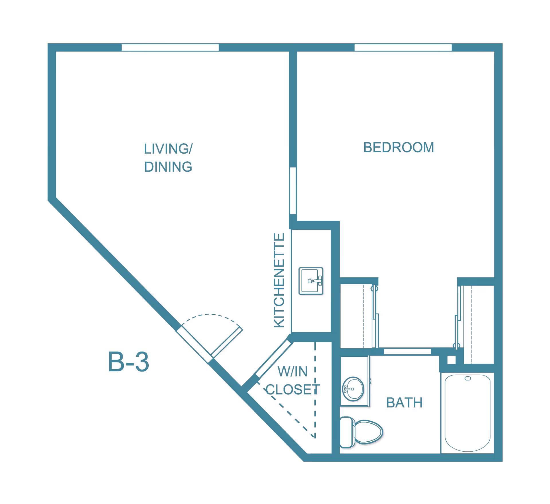 Architectural floor plan of a senior living apartment labeled B-3, showing a living/dining area, kitchenette, walk-in closet, bedroom, and bathroom with a toilet, sink, and bathtub.