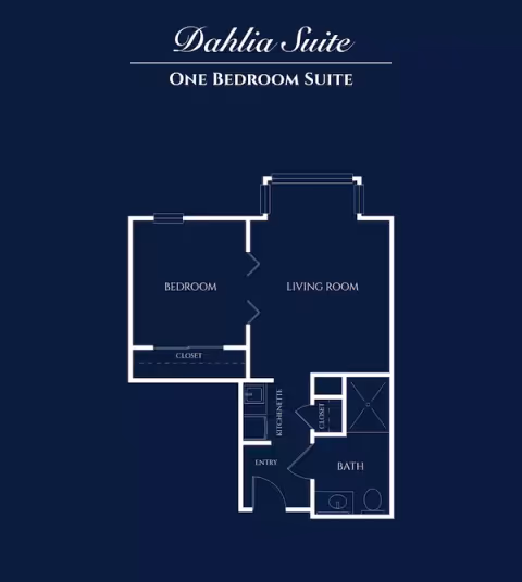Blueprint-style floor plan titled "Dahlia Suite One Bedroom Suite" showing a bedroom, living room, kitchenette, bathroom, closets and entry.