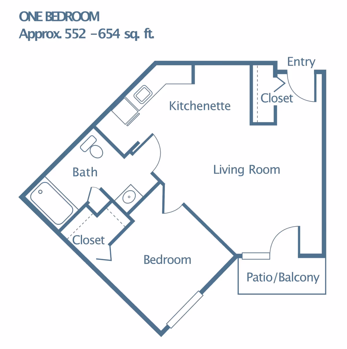 Floor plan of a one-bedroom apartment approximately 552 to 654 square feet, showing an entry, closet, kitchenette, living room, bedroom with closet, bathroom, and a patio/balcony.