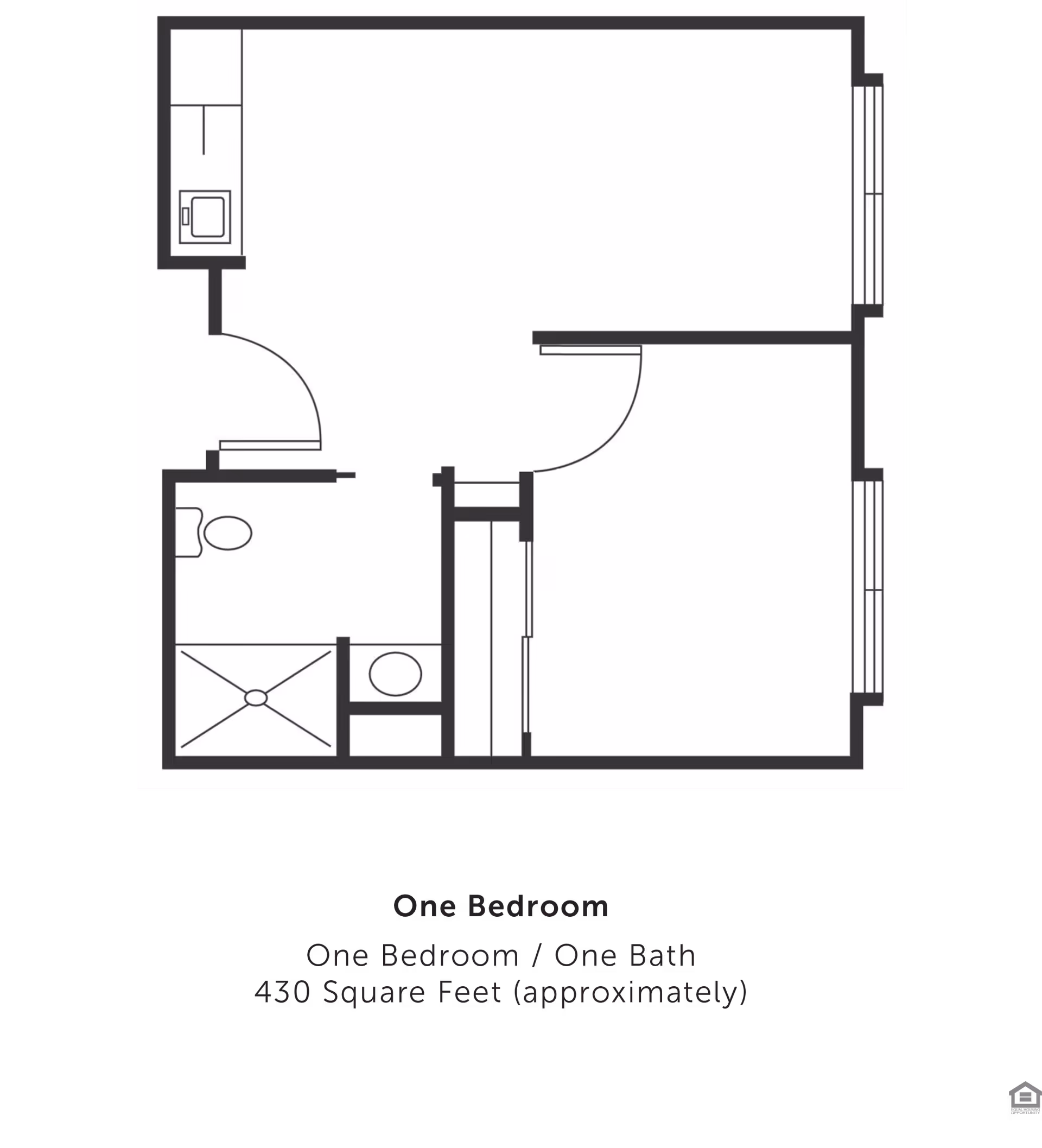 Floor plan of a one-bedroom, one-bath apartment approximately 430 square feet, showing a bedroom, bathroom with shower and toilet, kitchen area, and living space.