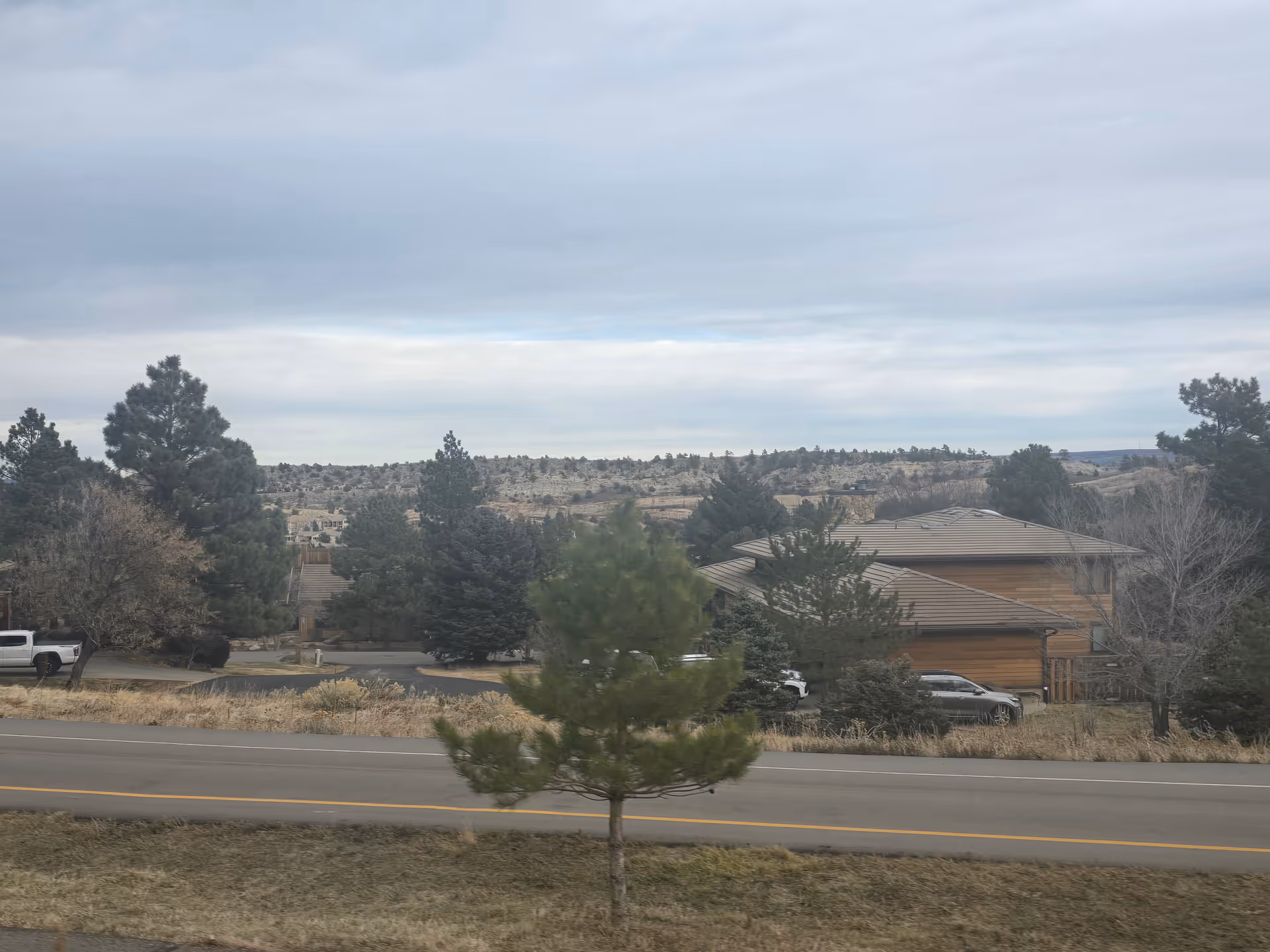 View of a suburban area with a road in the foreground, a small tree near the road, several houses partially obscured by trees, and a rocky hill in the background under a cloudy sky.