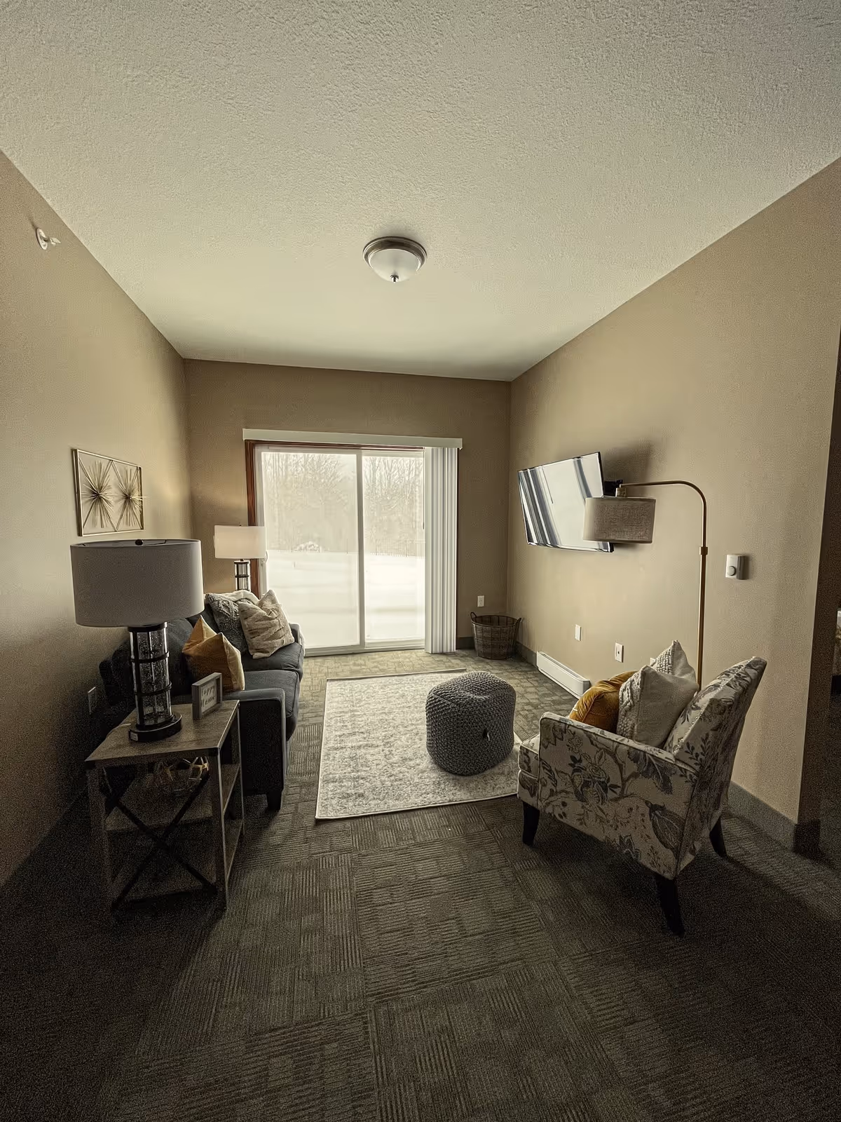 A cozy living room with a gray sofa adorned with pillows, a patterned armchair, a knitted ottoman on a light rug, a side table with a lamp, a floor lamp, and a wall-mounted flat-screen TV. There is a large sliding glass door letting in natural light and showing a snowy outdoor scene.