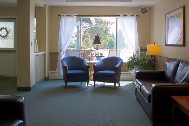 A cozy living room area with two blue armchairs and a small table with a lamp between them in front of a large window with white curtains. To the right, there is a dark brown leather sofa with a floor lamp and a potted plant next to it. The room has beige walls and a green carpet.