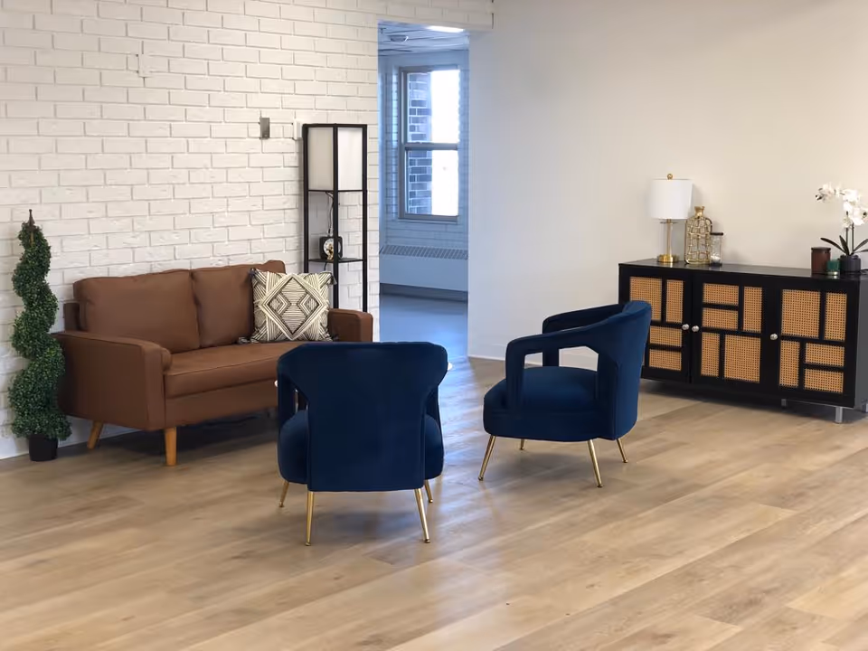 A bright seating area with a brown sofa, two blue armchairs, a black sideboard, and decorative plants against white walls and light wood flooring.