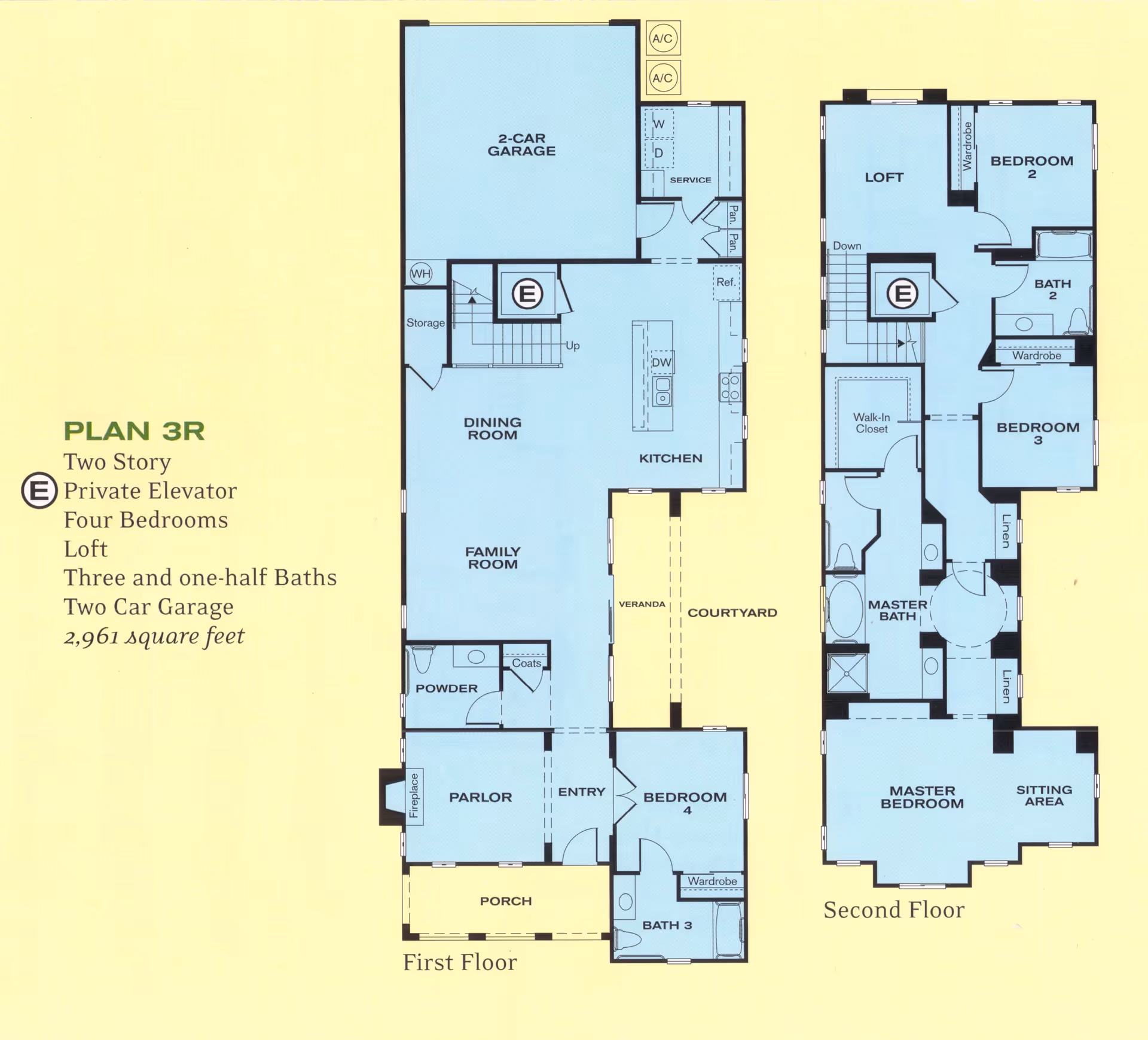 Two-story floor plan labeled "Plan 3R" showing first- and second-floor layouts with rooms, garage, courtyard and a private elevator.