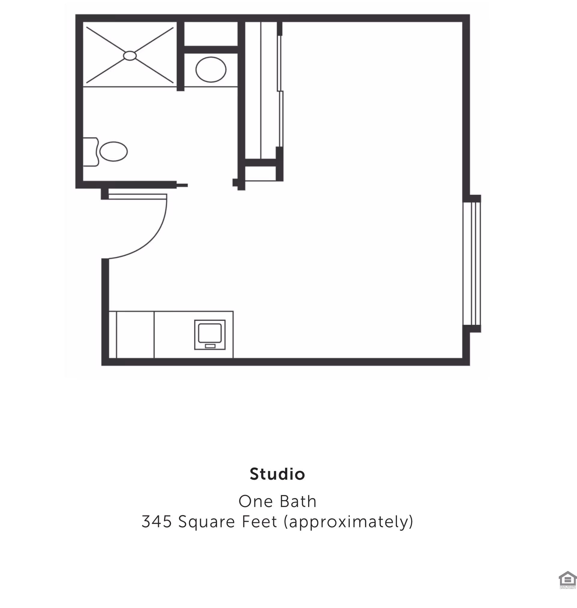 Black-and-white floor plan of a studio apartment showing a bathroom, kitchenette, closet and main living area.