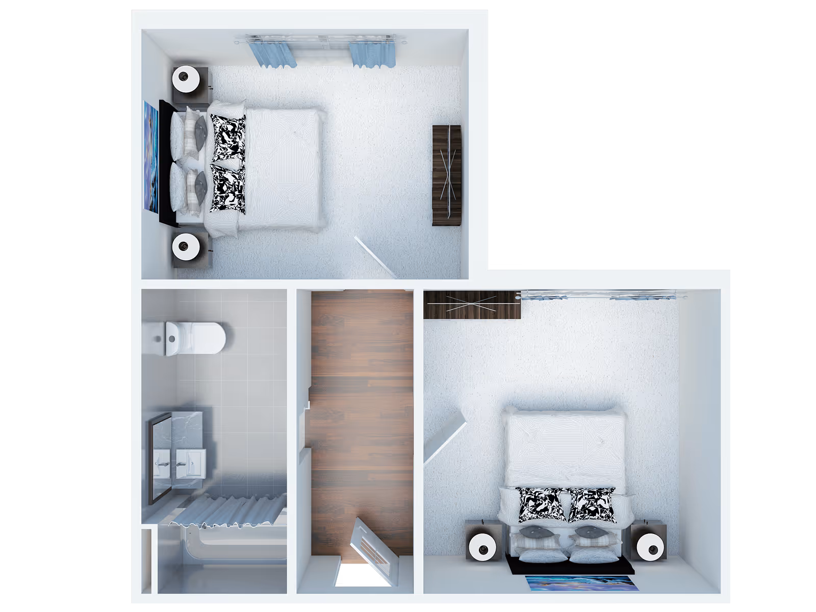 Top-down view of a two-bedroom apartment floor plan with a bathroom and hallway. Each bedroom contains a bed, nightstands with lamps, and a dresser. The bathroom includes a toilet, sink with mirror, and a bathtub with a shower curtain. The hallway has wooden flooring and a door leading outside.