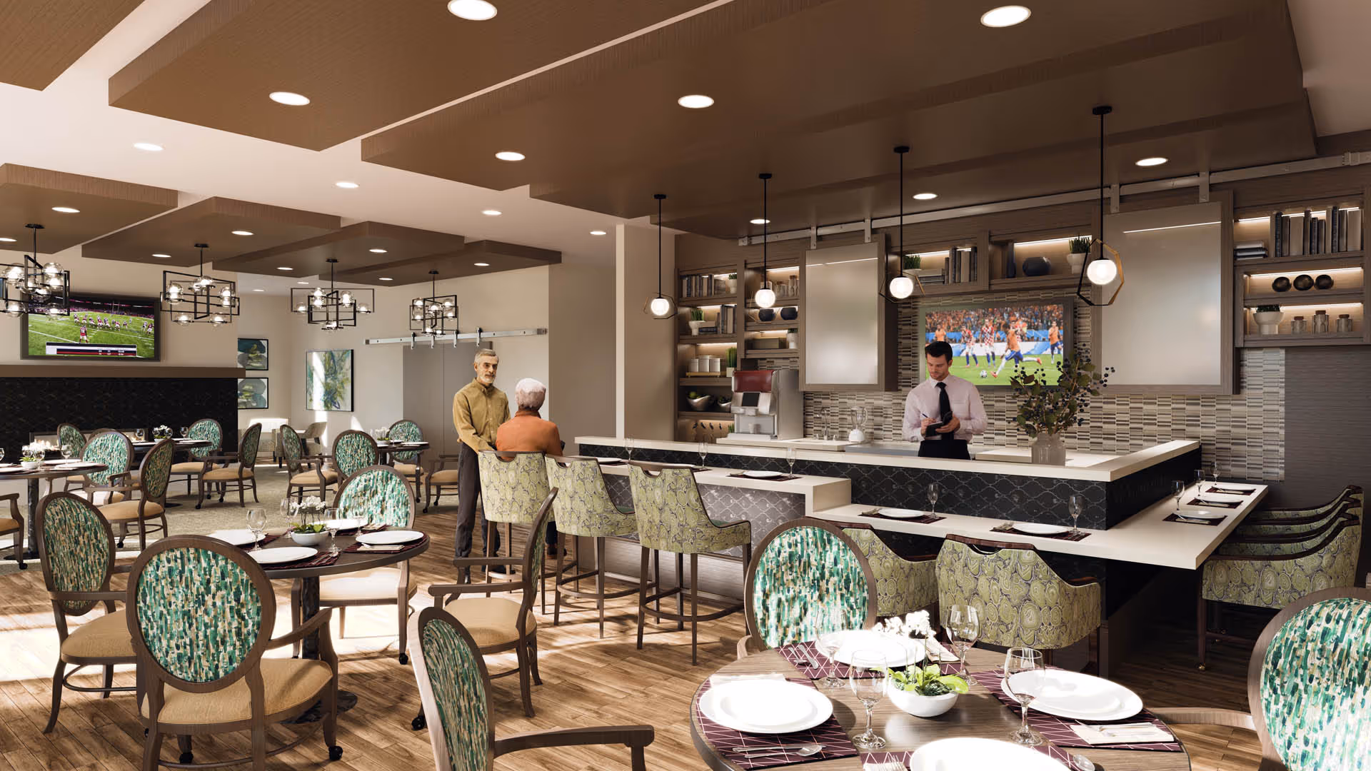A spacious dining area in The Seneca Rockville featuring multiple round tables with green patterned chairs, set with white plates and glassware. There is a bar counter with high chairs and a bartender behind it. Two elderly men are standing and conversing near the bar. The room has wooden flooring, modern pendant lighting, and two televisions mounted on the walls showing sports games.