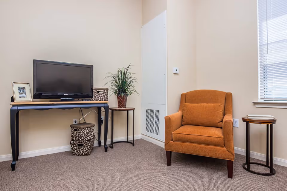 A cozy corner of a room featuring an orange upholstered armchair with a matching cushion, a small round side table with books, a black table holding a flat-screen TV, a framed photo, and a decorative basket. There is also a potted plant on a small round table next to the armchair, beige walls, and a window with blinds letting in natural light.