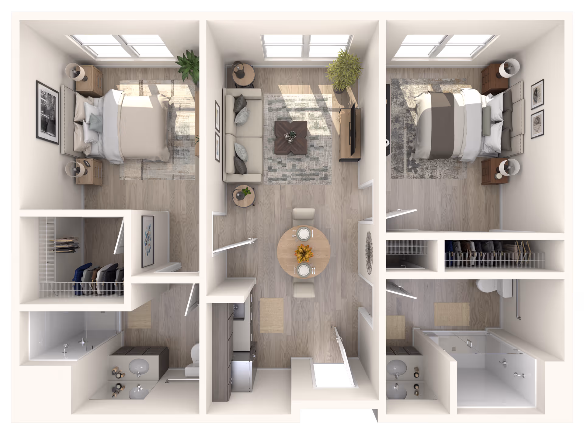 Top-down view of a two-bedroom apartment floor plan featuring two bedrooms on either side, each with a bed, nightstands, and closets. The center area includes a living room with a sofa, coffee table, TV, and a dining area with a round table and chairs. The kitchen is adjacent to the dining area, and there are two bathrooms with sinks, toilets, and showers next to each bedroom.