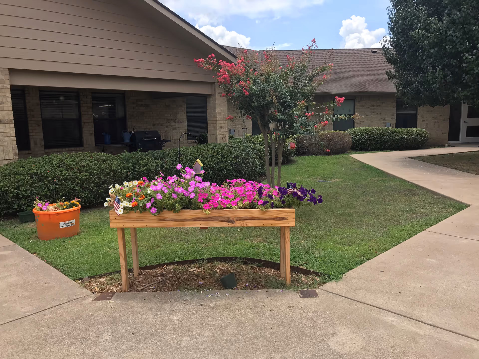 Raised wooden planter overflowing with pink and purple flowers on a lawn courtyard in front of a brick nursing facility building.
