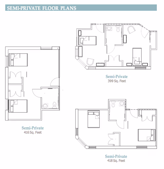 Architectural floor plans showing three different semi-private room layouts for a memory care facility, each with beds, bathrooms, and furniture arrangements labeled with square footage.