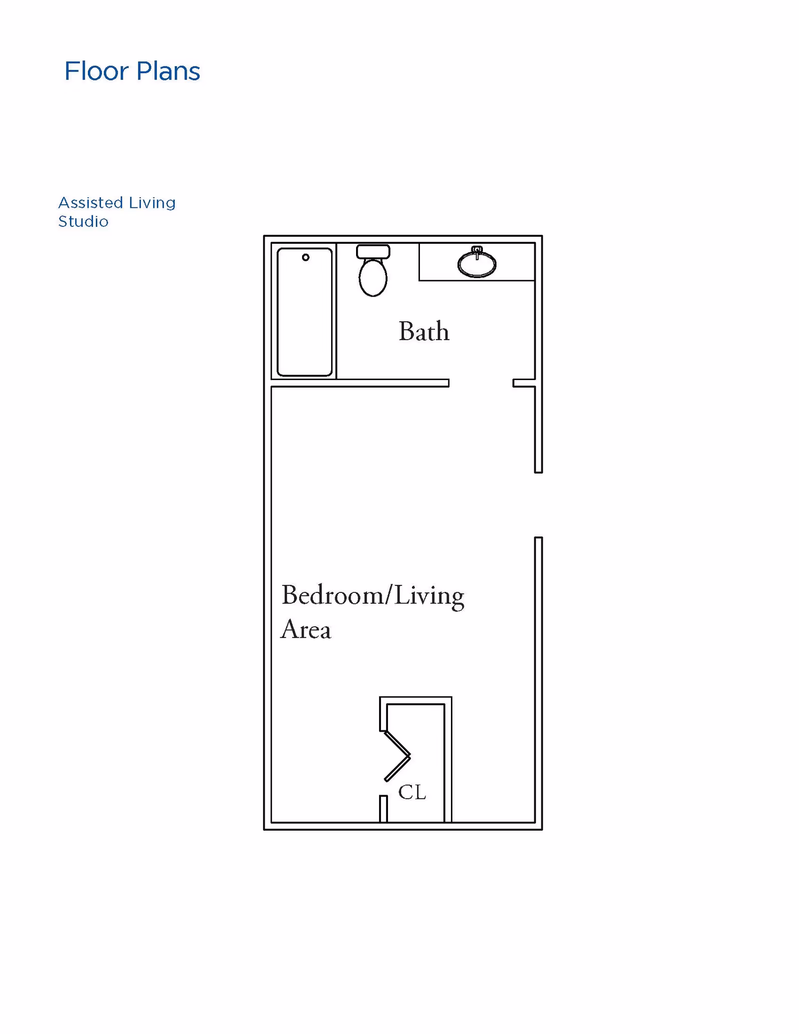 Floor plan of an assisted living studio at Hillside showing a combined bedroom and living area with a closet, and a separate bathroom with a bathtub, toilet, and sink.