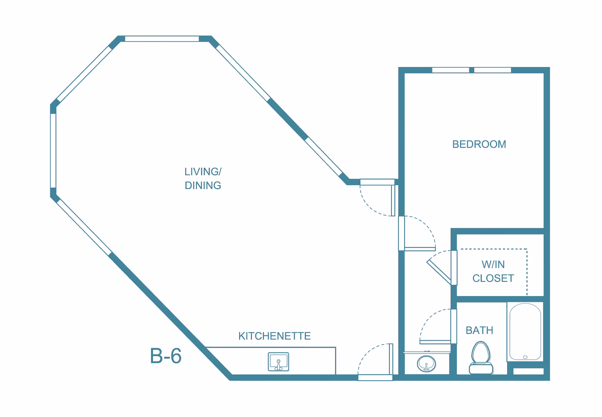 Floor plan of a living space labeled B-6 showing a living/dining area, kitchenette, bedroom, walk-in closet, and bathroom with a bathtub and toilet.
