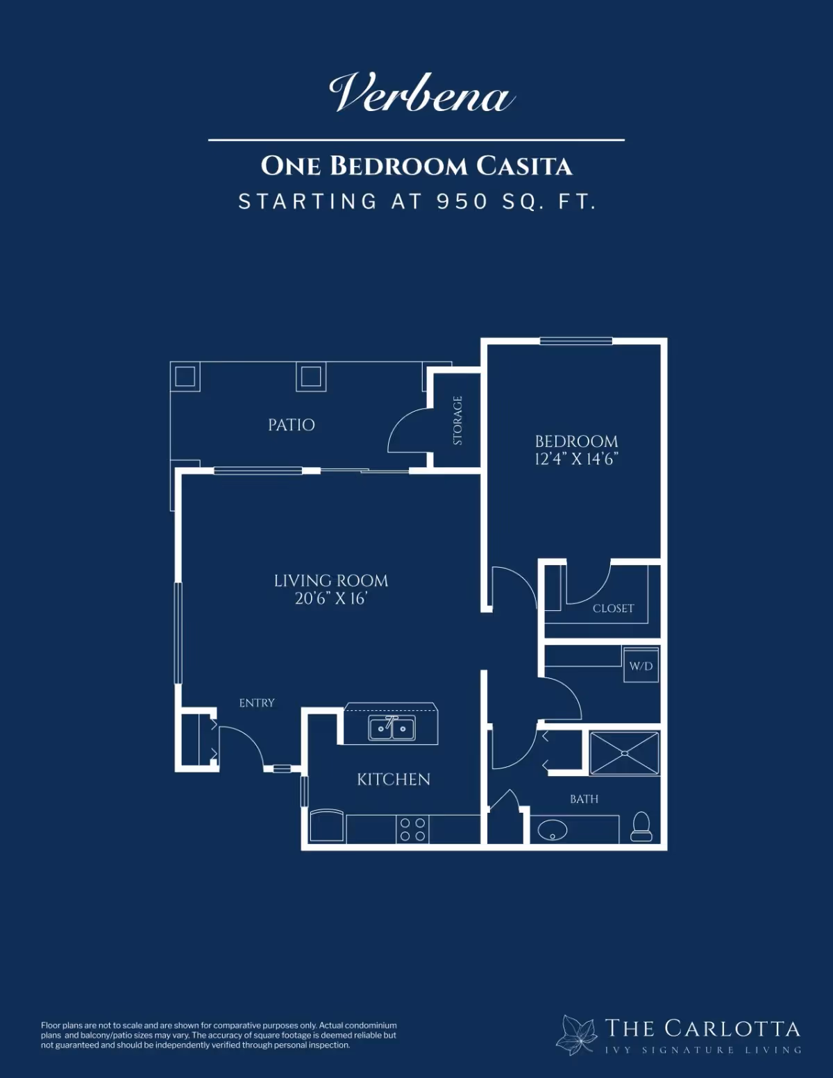 Blueprint-style floor plan for a one-bedroom casita showing a living room, kitchen, bedroom, bathroom, patio, and storage.
