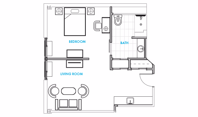 Architectural floor plan of an apartment unit showing a bedroom with a bed and nightstands, a living room with seating and a table, and a bathroom with a toilet, sink, and shower area.