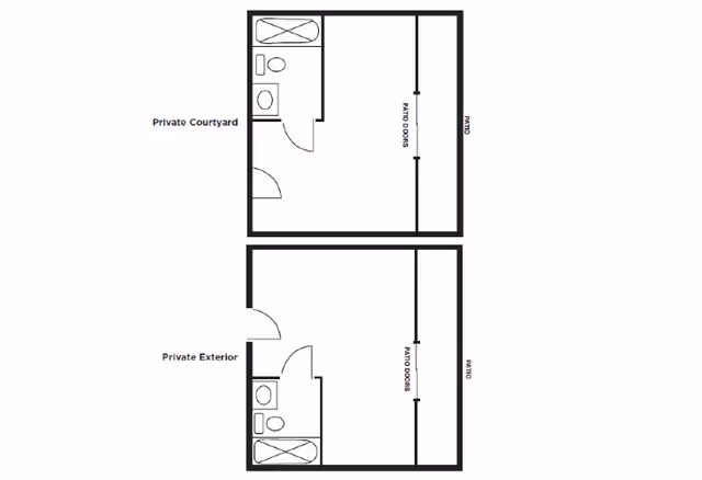 Two simple architectural floor plans showing layouts with a bathroom, patio doors, and patio areas labeled as Private Courtyard and Private Exterior.