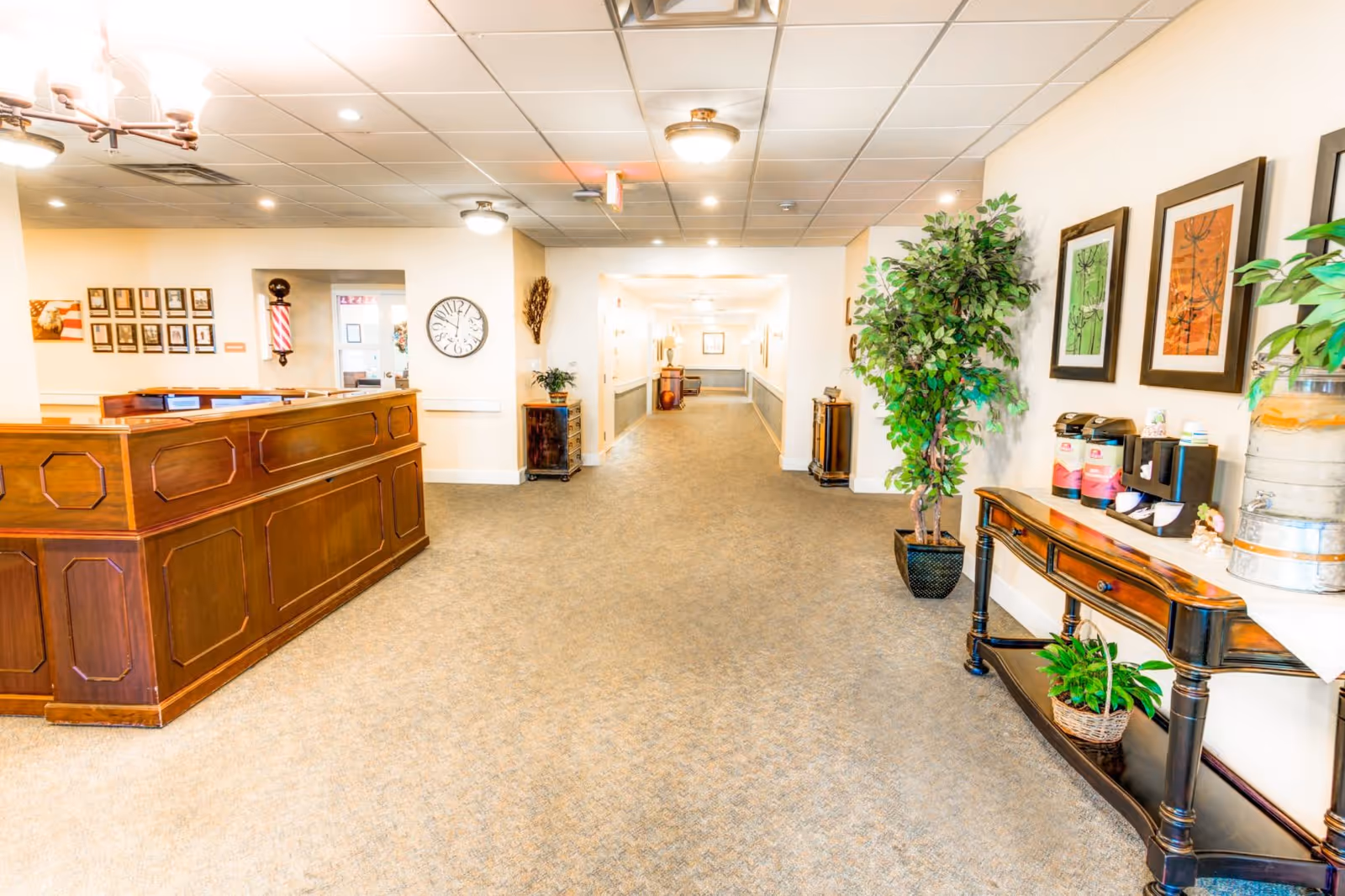 Reception desk and hallway of a well-lit senior living facility lobby with decorative plants and furniture.
