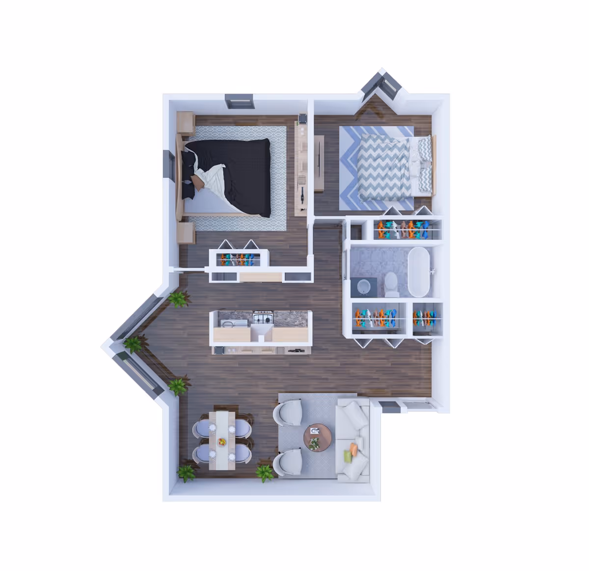 Top-down 3D floor plan rendering of a two-bedroom apartment with an open kitchen, dining and living area and a bathroom.