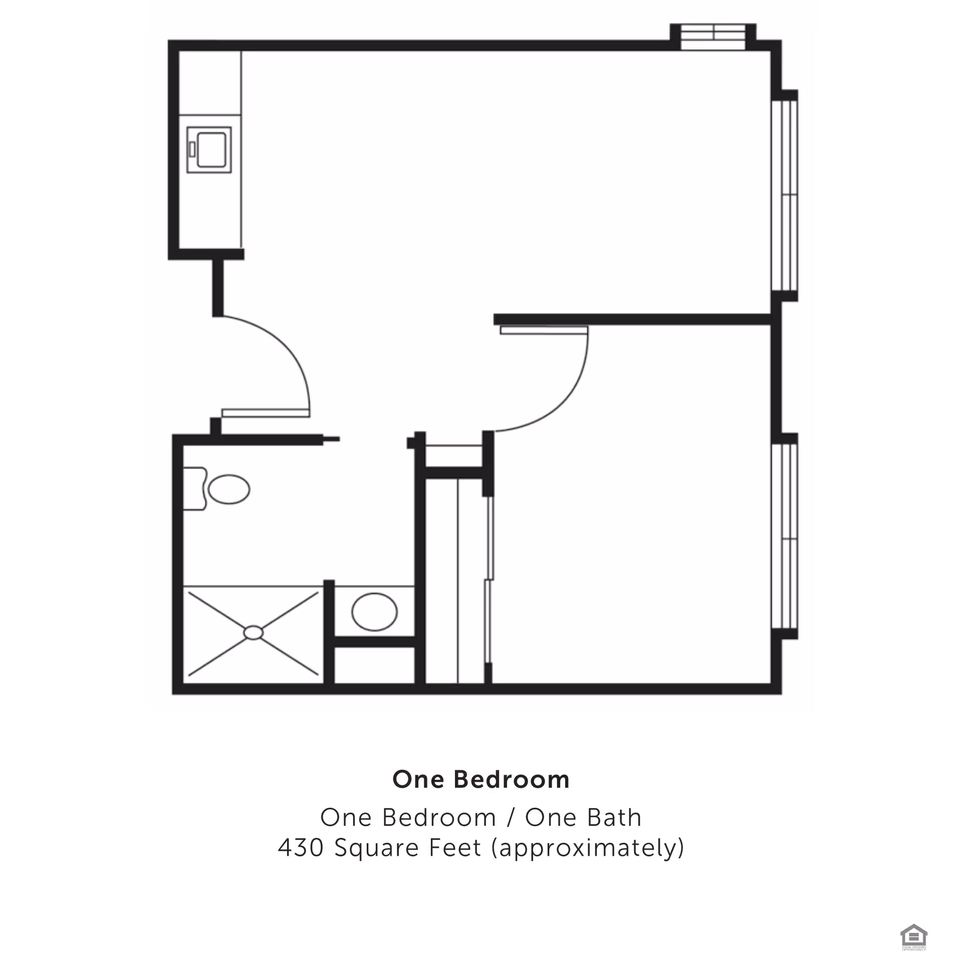 Architectural floor plan of a one-bedroom, one-bath apartment approximately 430 square feet, showing layout with a bathroom, kitchen area, and living/bedroom space.