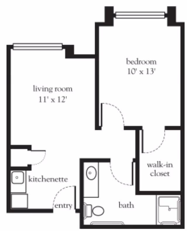 Floor plan of a one-bedroom apartment at Atria Seville showing a living room (11 by 12 feet), a bedroom (10 by 13 feet) with a walk-in closet, a kitchenette near the entry, and a bathroom.