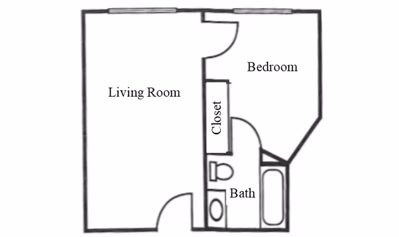 A simple black and white floor plan showing a layout with a living room, bedroom, closet, and bathroom including a toilet and bathtub.