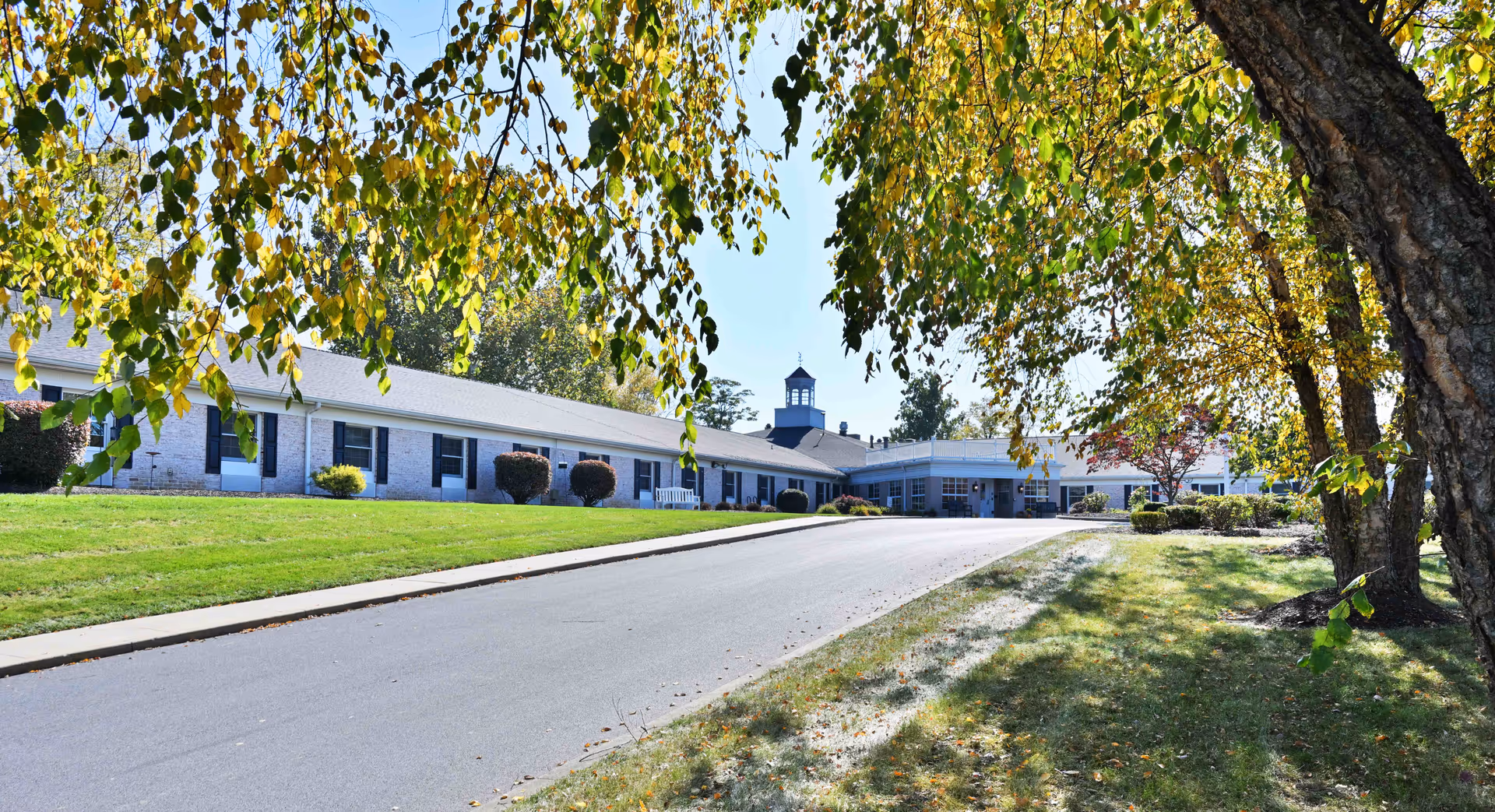 Driveway and lawn leading to the front entrance of a single-story senior living building framed by overhanging tree branches.