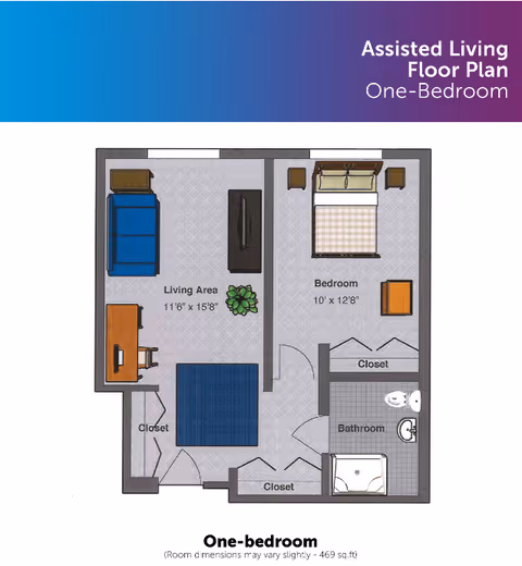 Floor plan of a one-bedroom assisted living unit at Saint Anthony, Majestic Care, showing a living area with sofa, TV, desk, and closet; a bedroom with bed, nightstands, chair, and closet; and a bathroom with toilet, sink, and shower.