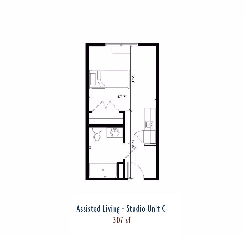 Architectural floor plan of an assisted living studio unit labeled Studio Unit C, showing a layout with a bedroom area, bathroom with toilet and sink, and a kitchenette. The total area is 307 square feet.