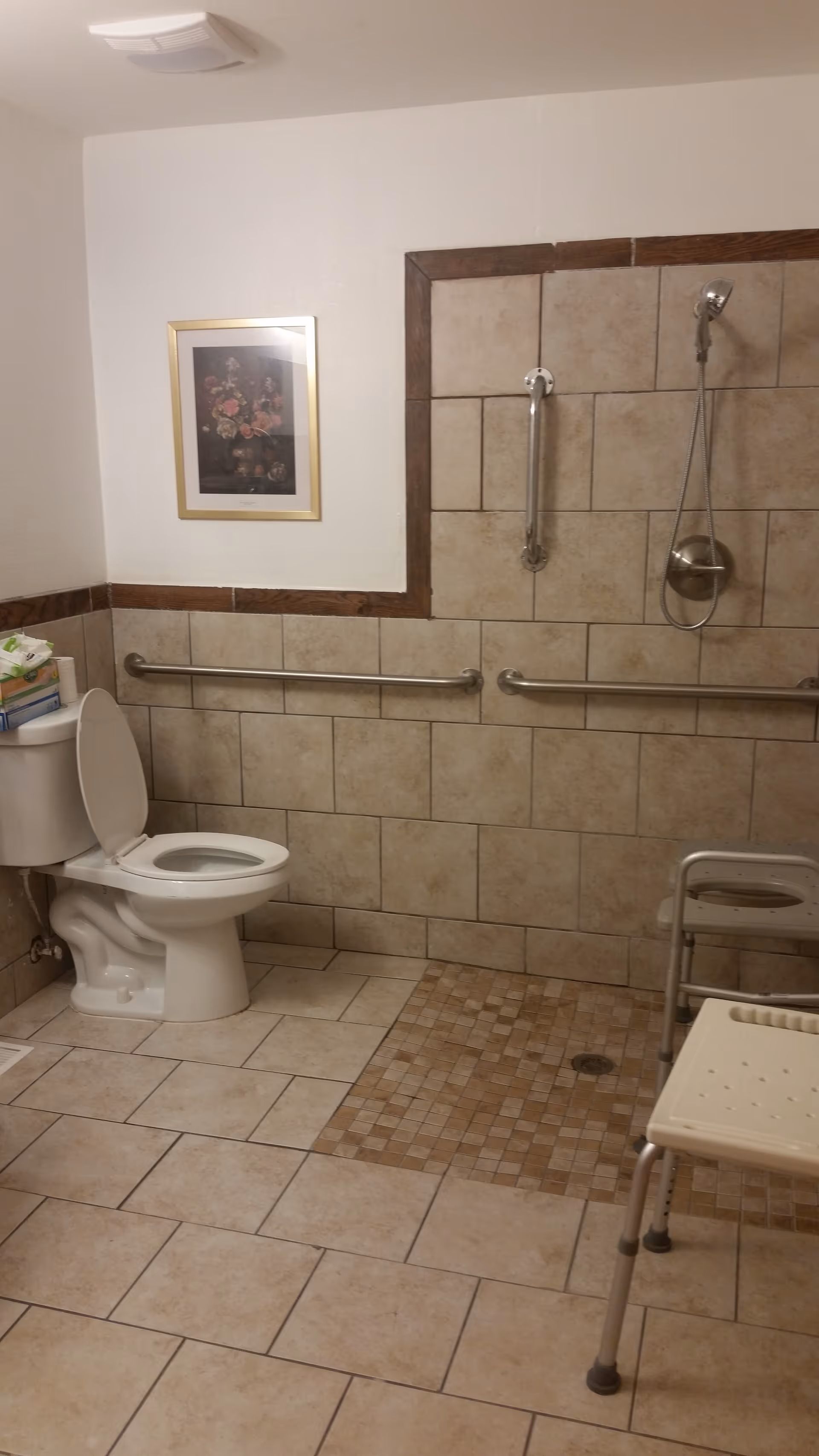 A senior-friendly bathroom with beige tiled walls and floor, featuring a toilet with the lid open, grab bars on the walls for support, a walk-in shower area with a handheld showerhead, and a shower chair. A framed floral picture hangs on the wall above the toilet.