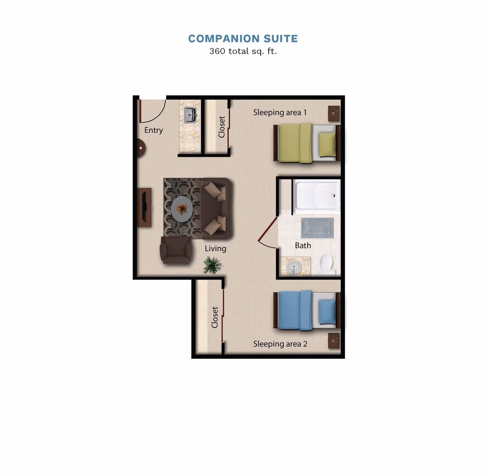 Floor plan of a companion suite with a total of 360 square feet, featuring an entry area, living room with sofa and chair, two sleeping areas each with a bed and nightstand, two closets, and a bathroom with a shower, sink, and toilet.