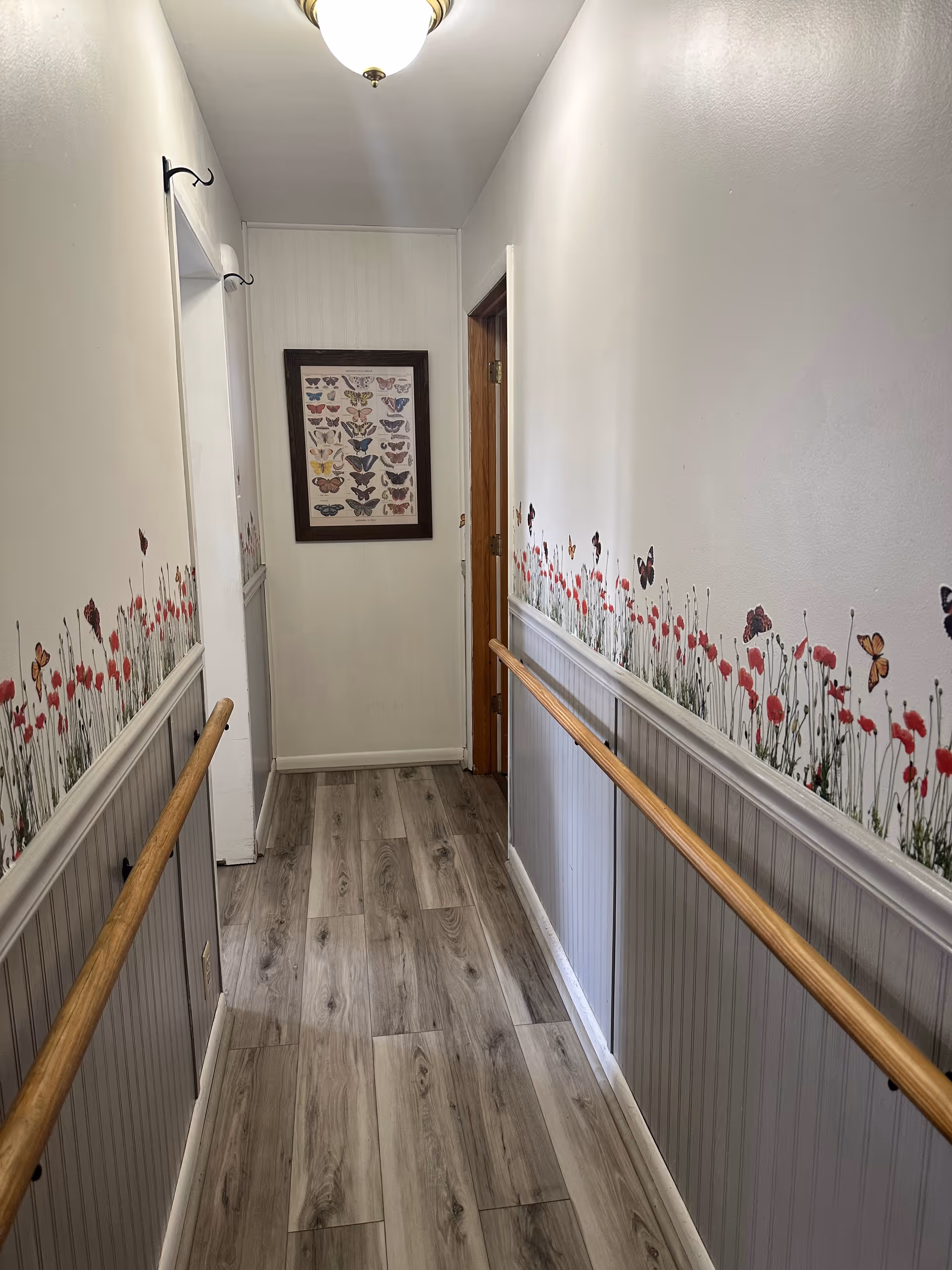 A narrow hallway with light wood flooring and white walls. The lower half of the walls is covered with white paneling and wooden handrails on both sides. The upper half of the walls features a decorative border with red flowers and butterflies. A framed picture of various butterflies hangs on the far wall. A ceiling light fixture is visible above.