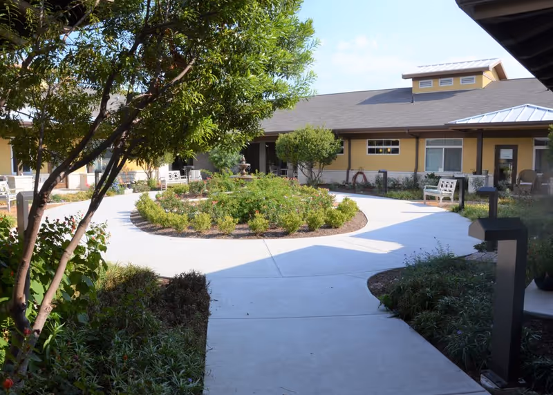 Sunny courtyard with a circular planting bed, concrete walkways, benches, and a single-story building in the background.