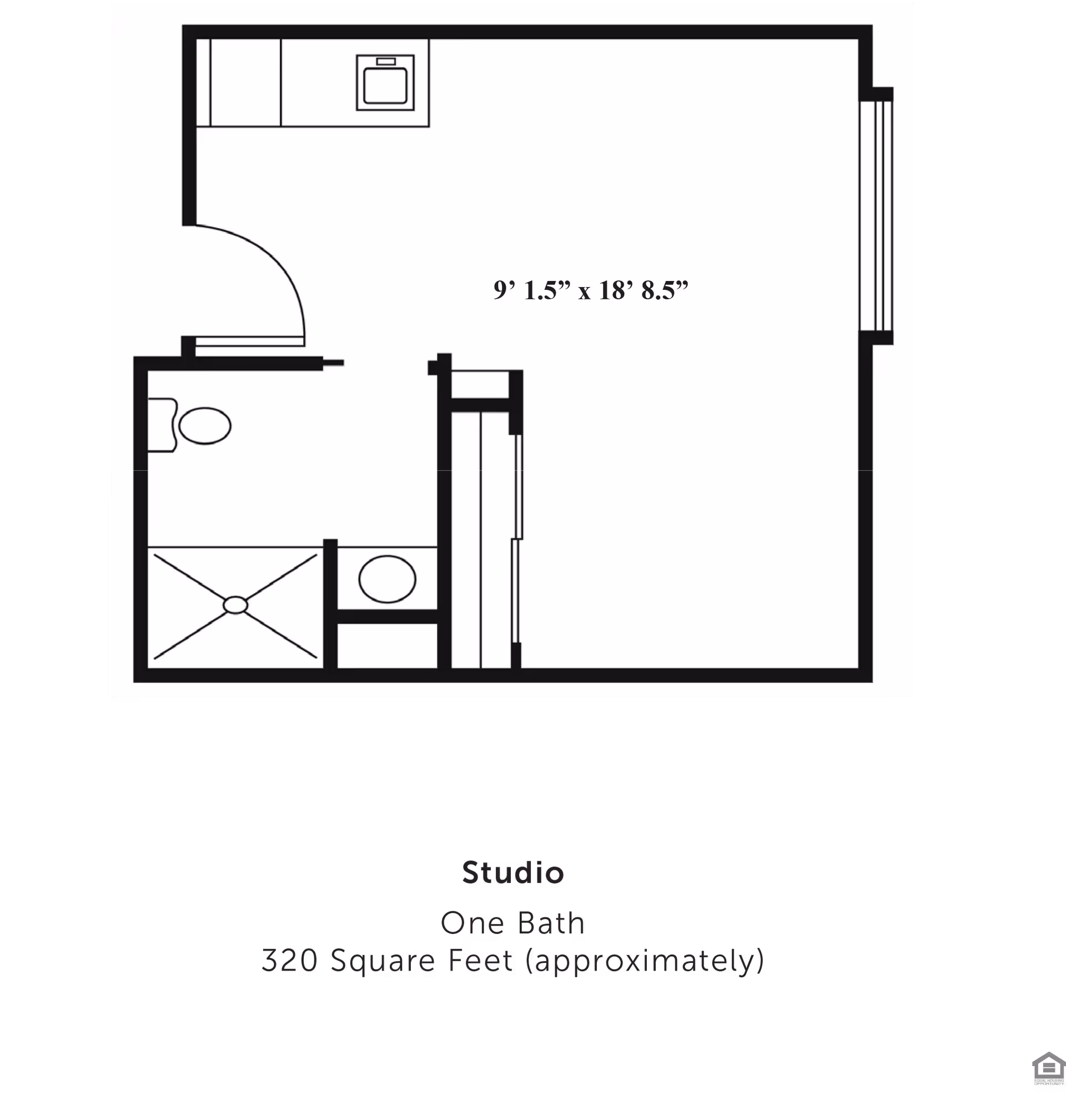 Black-and-white studio floor plan showing a main living area with kitchenette and a one-bathroom layout labeled approximately 9 feet 1.5 inches by 18 feet 8.5 inches.