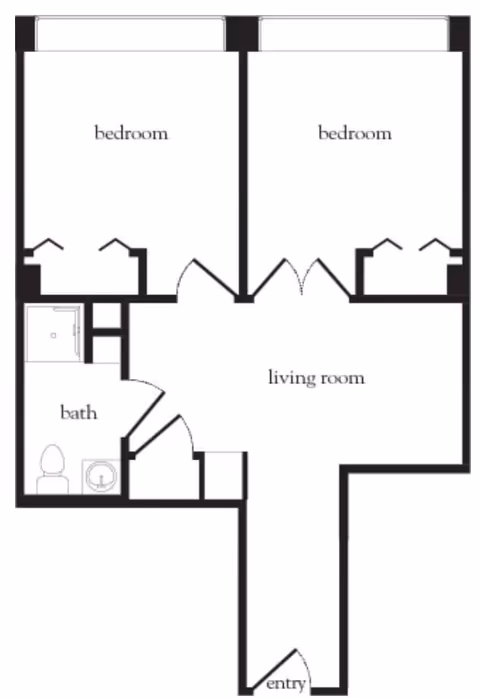 Floor plan layout showing two bedrooms, a living room, a bathroom, and an entry area. The bedrooms are adjacent to each other, with the living room centrally located. The bathroom is near the entry and living room.